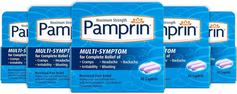 Pamprin MultiSymptom Formula with Acetaminophen Menstrual Period Symptoms Relief including Cramps Pain Irritability and Bloating 40 Caplets Pack of 5 - Image 1