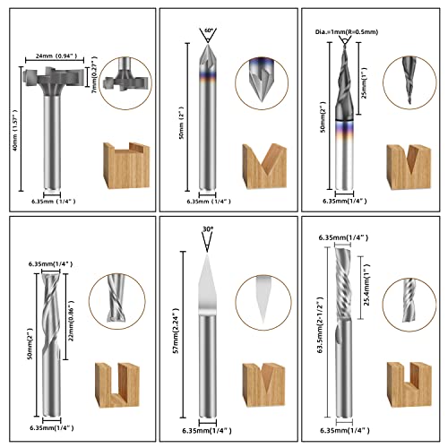 FoxAlien 1/4" Shank CNC Router Bit Essential Kit Includes 1/4" ER11 Collet, V-bit, End Mills, Chamfering Bit for Woodworking MDF Resin Carving Lettering Sign Making - Image 2