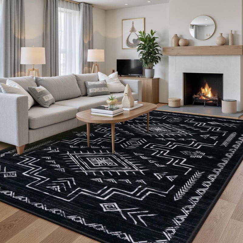 STARUIA Washable 8x10 Black and White Area Rug for Living Room, Western Aztec Tribal Moroccan Area Rug, Boys Neutral Rug for Bedroom, Non-Slip Large Carpet Under Dining Table Home Office - Image 1