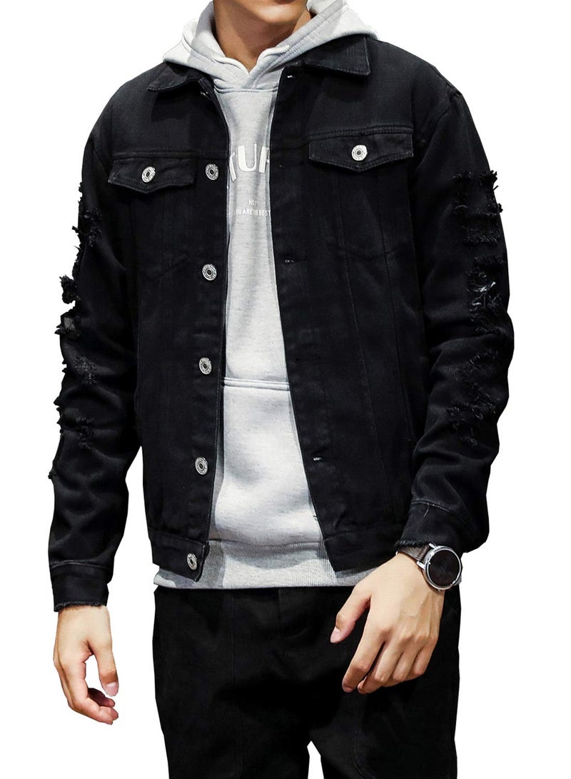 DAVID.ANN Men's Distressed Jean Coat Ripped Holes Button Down Denim Casual Trucker Jacket Outerwear,Black,Medium - Image 4