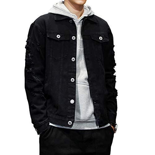 DAVID.ANN Men's Distressed Jean Coat Ripped Holes Button Down Denim Casual Trucker Jacket Outerwear,Black,Medium - Image 1