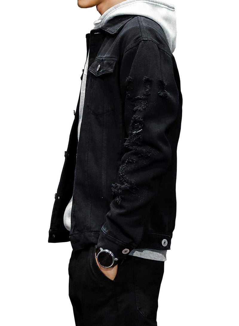 DAVID.ANN Men's Distressed Jean Coat Ripped Holes Button Down Denim Casual Trucker Jacket Outerwear,Black,Medium - Image 3