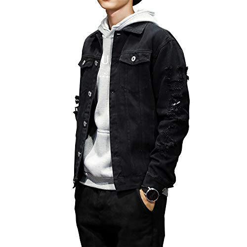 DAVID.ANN Men's Distressed Jean Coat Ripped Holes Button Down Denim Casual Trucker Jacket Outerwear,Black,Medium - Image 2