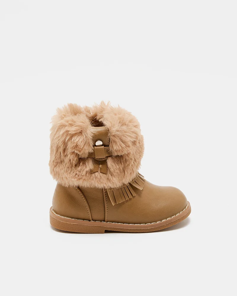 Redtag Infant Girls Tan Fur Embellished Ankle Boots