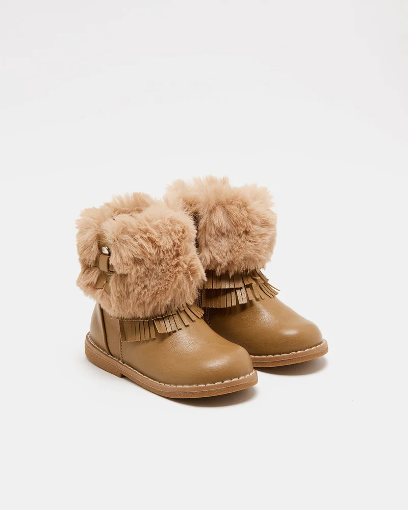 Redtag Infant Girls Tan Fur Embellished Ankle Boots
