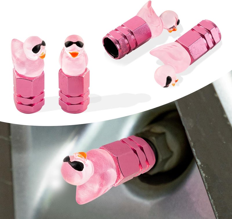 Rislobx 4Pcs Duck Tire Valve Caps, Funny Sunglasses Duck Valve Stem Caps Covers for Wheels, Decorative Cute Tire Valve Caps for Car Accessories (Hexagon Duck Pink) - Image 1