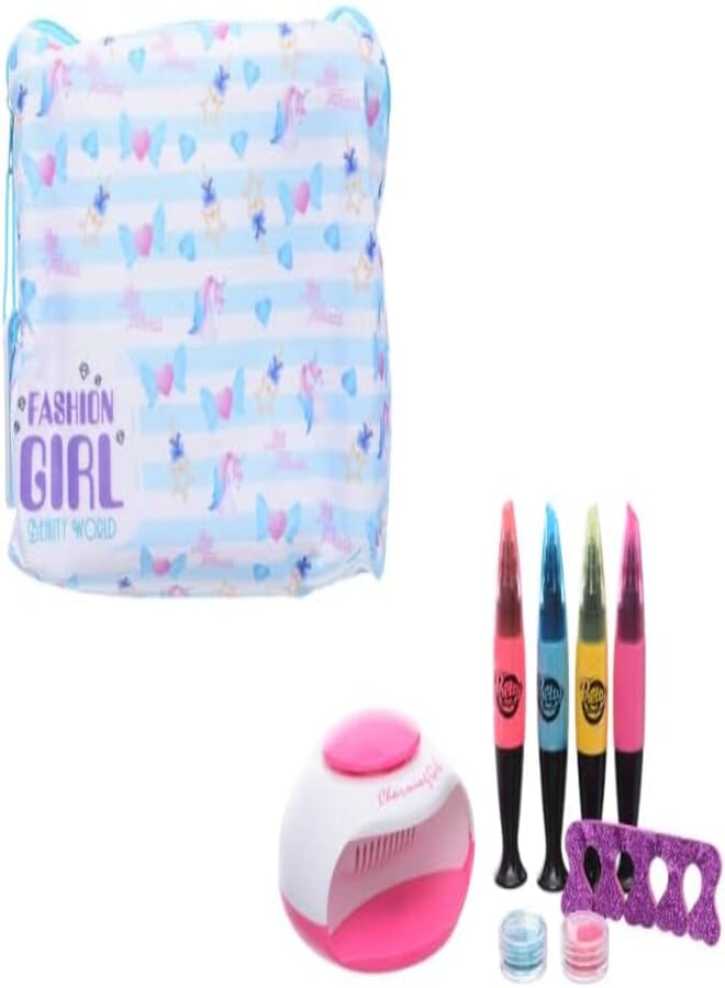 Fabric Zippered Bag Contains Nails Fashion Accessories With Dryer Machine And Colorful Polish Give More Entertaining For Girls Set Of 16 Pieces - Multi Color 