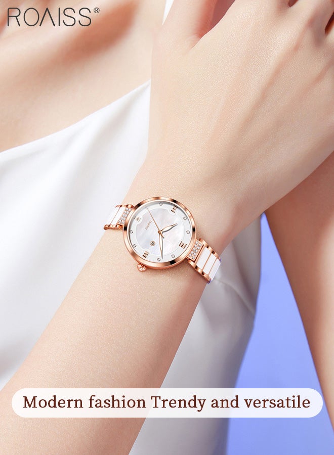 رويس ساعة كوارتز بحزام سيراميك للنساء، شاشة عرض تناظرية وقرص دائري مزين بالألماس من الزركونيوم، ساعة يد مضيئة مقاومة للماء رائعة كهدية للسيدات - Image 2