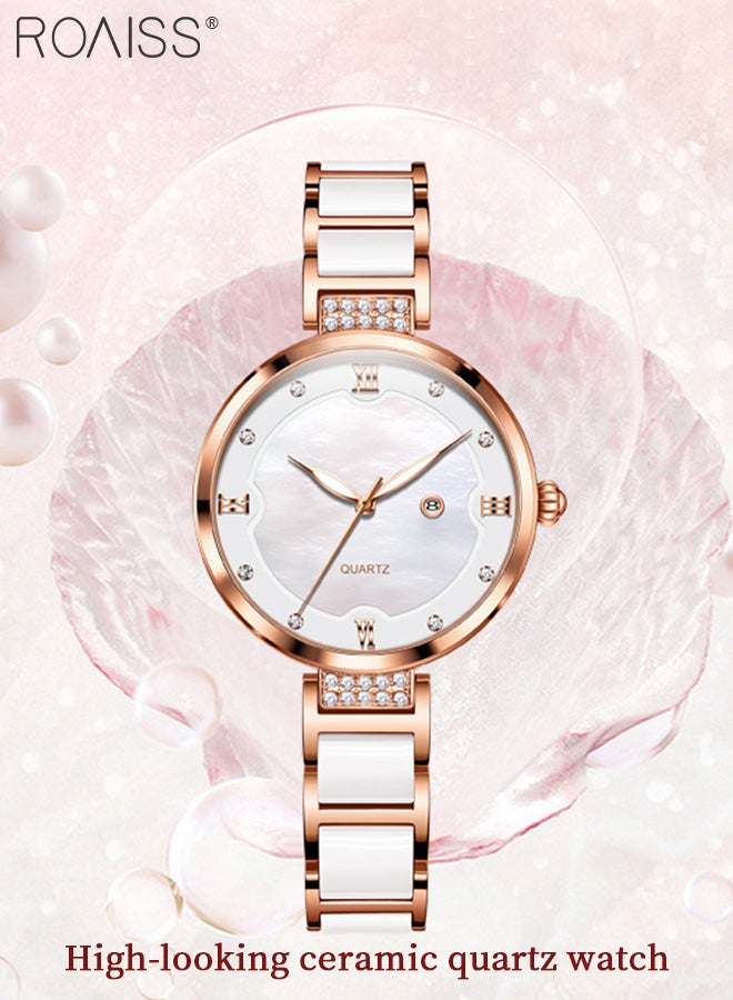 رويس ساعة كوارتز بحزام سيراميك للنساء، شاشة عرض تناظرية وقرص دائري مزين بالألماس من الزركونيوم، ساعة يد مضيئة مقاومة للماء رائعة كهدية للسيدات - Image 3