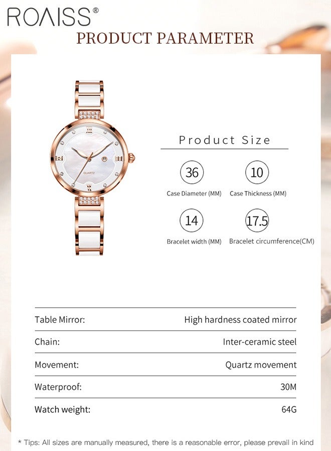 رويس ساعة كوارتز بحزام سيراميك للنساء، شاشة عرض تناظرية وقرص دائري مزين بالألماس من الزركونيوم، ساعة يد مضيئة مقاومة للماء رائعة كهدية للسيدات - Image 4