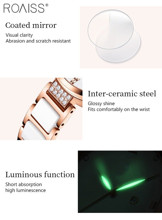 رويس ساعة كوارتز بحزام سيراميك للنساء، شاشة عرض تناظرية وقرص دائري مزين بالألماس من الزركونيوم، ساعة يد مضيئة مقاومة للماء رائعة كهدية للسيدات - Image 5