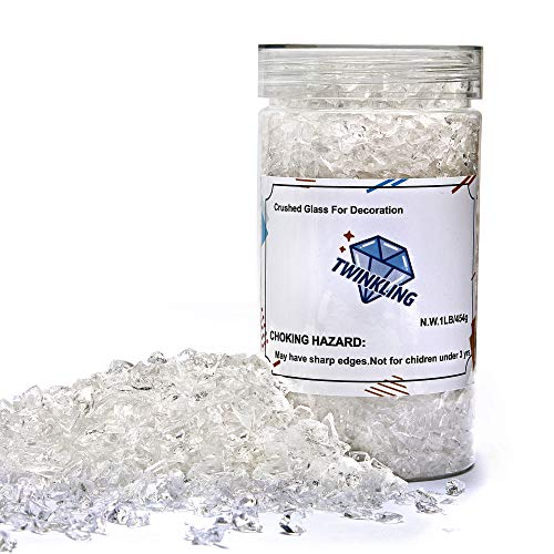 TWINKLING High Luster Fire Glass Gravel Stone Glitter,Broken Glass,Fire Gems Chips,Crushed Glass for Fire Pit Crafts Resin Art Aquarium Garden Decoration,3-6mm,1-Pound Jar (Crystal/Transparent) - Image 1