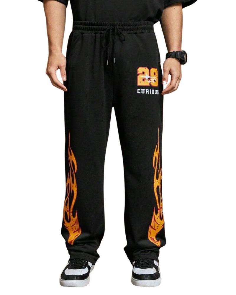 FLYNOFF Men's Black Fire Printed Loose Fit Track Pant - Image 1