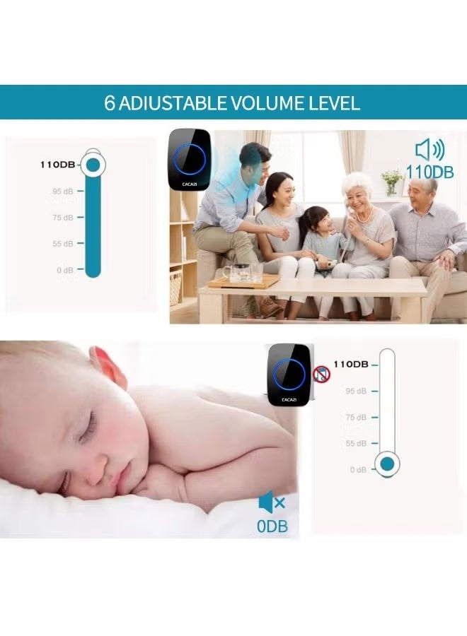 CACAZI Wireless Doorbell, Plug-in Receiver, Waterproof Push Button with 1000 Ft Operating Range, 5 Volume Levels, 60 Chimes, LED Flash & CD Sound for Home, Office, Classroom ( Black) - Image 4