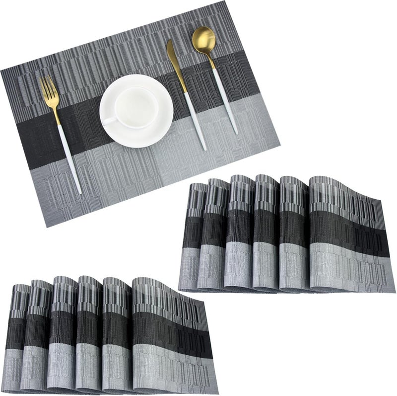 pigchcy Vinyl Placemats Set of 12 - Washable, Durable Kitchen Placemats for Dining Table (Black) - Image 1