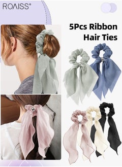 roaiss 5Pcs Ribbon Hair Scrunchies Set Hair Scarf Scruncheis for Women Girls Glitter Yarn Hair Ribbon Scrunchies Double-layer Knotted Bow Hair Ties Elastic Bands Multicolour Hair Accessories Set  - Image 1