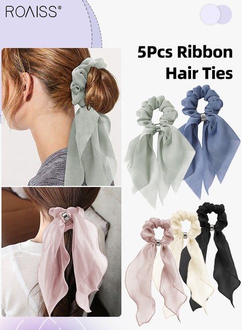 5Pcs Ribbon Hair Scrunchies Set Hair Scarf Scruncheis for Women Girls Glitter Yarn Hair Ribbon Scrunchies Double-layer Knotted Bow Hair Ties Elastic Bands Multicolour Hair Accessories Set