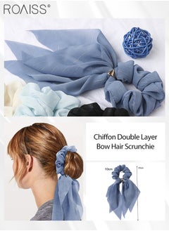 roaiss 5Pcs Ribbon Hair Scrunchies Set Hair Scarf Scruncheis for Women Girls Glitter Yarn Hair Ribbon Scrunchies Double-layer Knotted Bow Hair Ties Elastic Bands Multicolour Hair Accessories Set  - Image 4