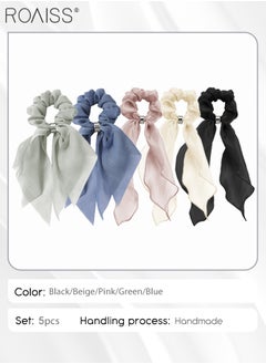 roaiss 5Pcs Ribbon Hair Scrunchies Set Hair Scarf Scruncheis for Women Girls Glitter Yarn Hair Ribbon Scrunchies Double-layer Knotted Bow Hair Ties Elastic Bands Multicolour Hair Accessories Set  - Image 3