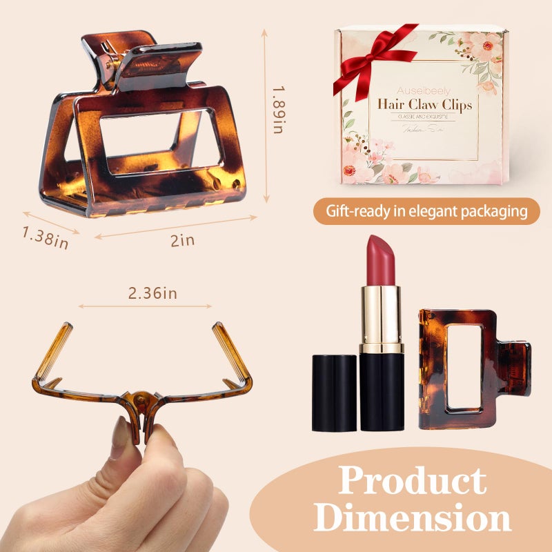 Auseibeely 6 Pcs 2 Inch Small Claw Clip for Women & Girls, Medium Tortoise Shell Square Hair Clips, Rectangle Non-Slip Tortoiseshell Jaw Clips for Half Up Half Down Thin Medium Short Hair - Image 2