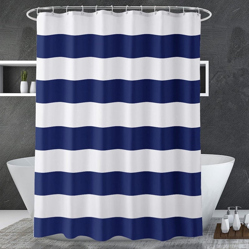 AmazerBath Navy Blue Shower Curtain Stripes, 72" W x 72" H Blue and White Shower Curtain, Fabric Shower Curtains for Bathroom with 2 Heavy Stones, Water Repellent - Image 1