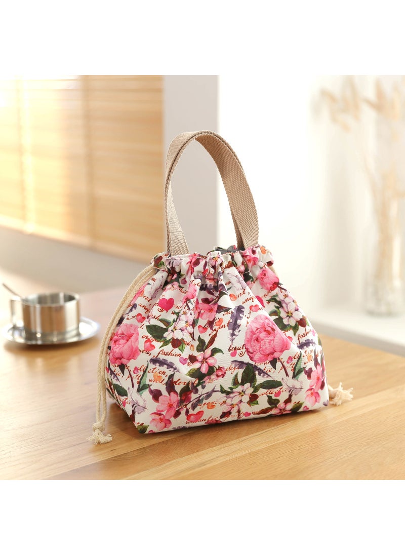 Generic Large Capacity Lunch Bag Drawstring Insulated Beige Flower Drawstring Lunch Box Bag 