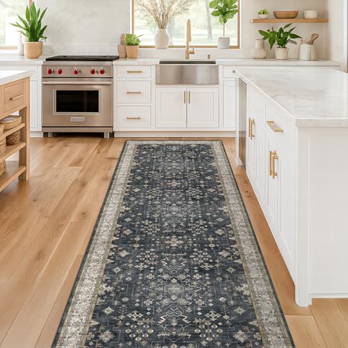 Hazo Haus Dark Washable Long Runners for Hallways, 2'6"x8' Wide Kitchen Runner Rug, Entryway Indoor Rug, Non Slip Rubber Backing Boho Vintage Floor Decor, Ashen/Multi - Image 3