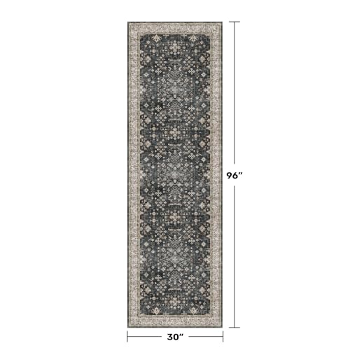 Hazo Haus Dark Washable Long Runners for Hallways, 2'6"x8' Wide Kitchen Runner Rug, Entryway Indoor Rug, Non Slip Rubber Backing Boho Vintage Floor Decor, Ashen/Multi - Image 2