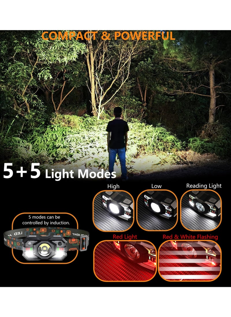 LumsAura Headlamp Rechargeable,1200 Lumen Ultra Bright LED Head Lamp Flashlight with White Red Light,Motion Sensor Waterproof Headlight, 5 Modes Lights for Outdoor Camping Fishing  - Image 2