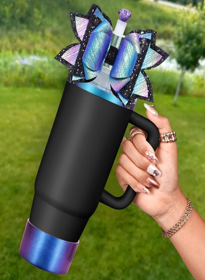Toykee Cup Boot with Straw Cover for Stanley 40 30 oz - Bling Black Purple Bow Straw Topper and Diamond Caps with Bottom Protector 3 PCS Sets for Tumbler Accessories - Image 1