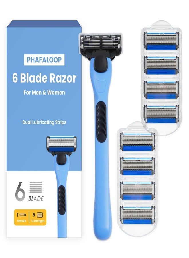 Phafaloop 6-Blade Men's Razor with Dual Lubrication, Shaving Kit for Men, 10 Piece Set, 1 Handle & 9 Refill Cartridges, Smooth Comfortable Shave (Blue) - Image 1