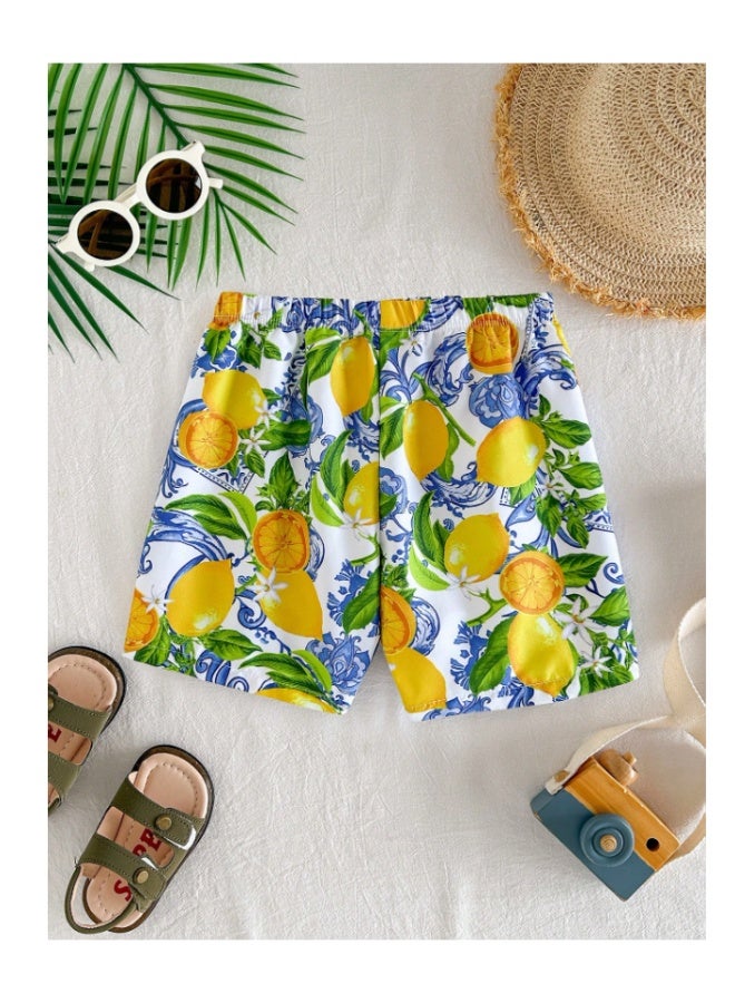 Boys' casual beach swim shorts in yellow with a drawstring waist and lemon print (7-8 years) - Image 2