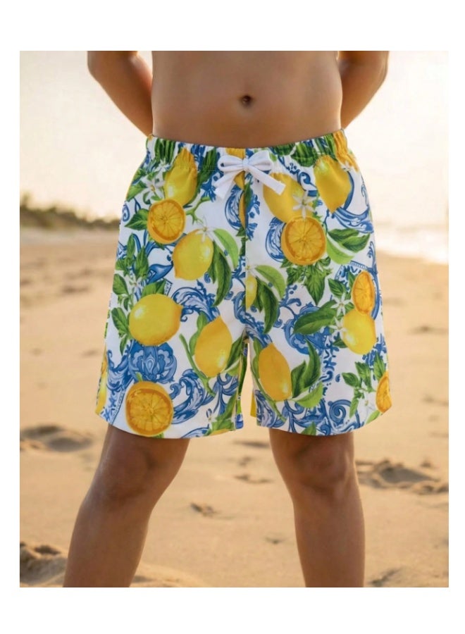 Boys' casual beach swim shorts in yellow with a drawstring waist and lemon print (7-8 years) - Image 1