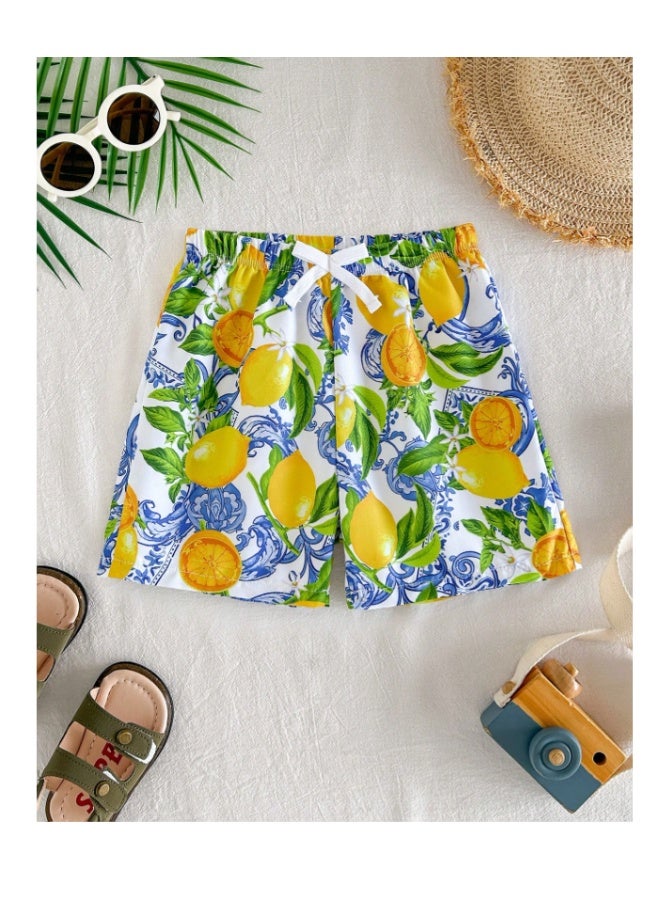 Boys' casual beach swim shorts in yellow with a drawstring waist and lemon print (7-8 years) - Image 5