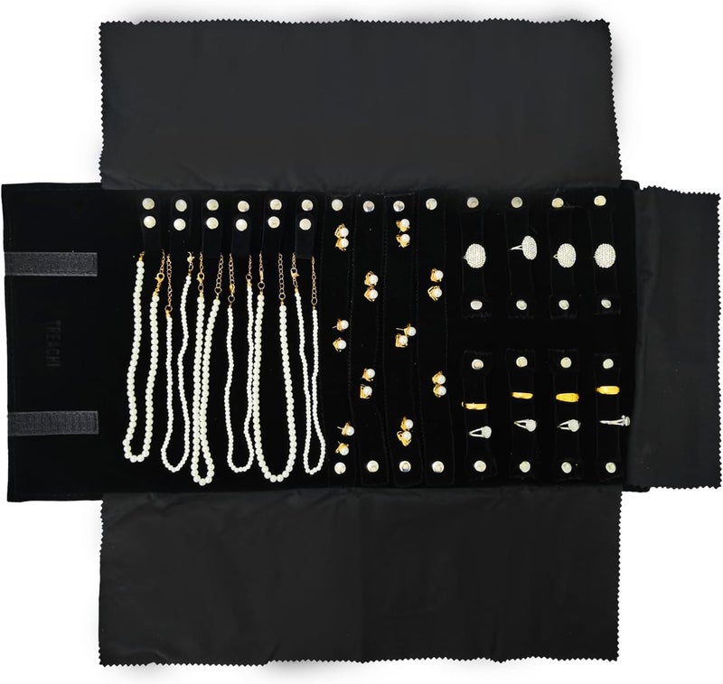 SCIKHEFT Travel Roll Bag Jewelry Display Storage Organizer Multi-function Velvet Pouch (Black) - Image 3