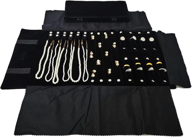 SCIKHEFT Travel Roll Bag Jewelry Display Storage Organizer Multi-function Velvet Pouch (Black) - Image 1