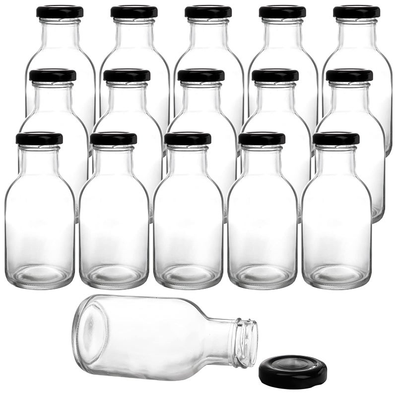 Kingrol 16 Pack 8 oz Hot Sauce Bottles with Leak Proof Screw Caps Wide Mouth Glass Bottles with Lids for Milk Beverages Oil Salad Dressing