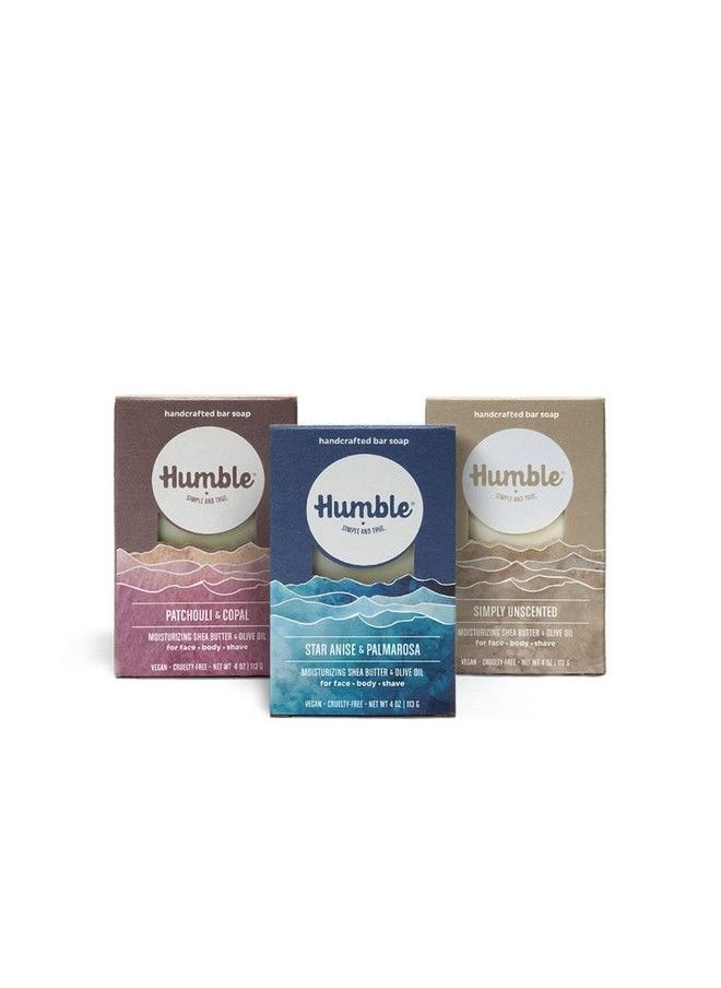 HUMBLE SIMPLE AND TRUE. - صابون بار مصنوع يدويًا من Humble Brands، ألواح صابون معالجة بالتبريد العضوية، منظف مرطب للوجه والجسم، مجموعة متنوعة من التوابل والأرض، عبوة من 3 قطع - Image 1