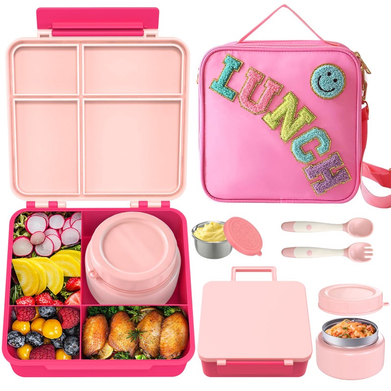 Aimsnk Kids Bento Lunch Box with 8oz Soup Thermo, Kids Leakproof Lunch Food Containers with 4 Compartment,Insulated Hot Food Jar with Lunch Bag for School, Travel (Pink) - Image 1