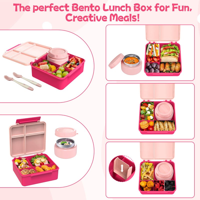 Aimsnk Kids Bento Lunch Box with 8oz Soup Thermo, Kids Leakproof Lunch Food Containers with 4 Compartment,Insulated Hot Food Jar with Lunch Bag for School, Travel (Pink) - Image 4