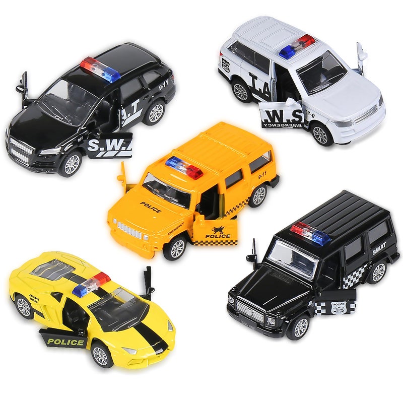 KIDAMI Die Cast Metal Toy Cars Set of 5 Little Openable Doors Pull Back Car Gift Pack for Kids Police car - Image 2