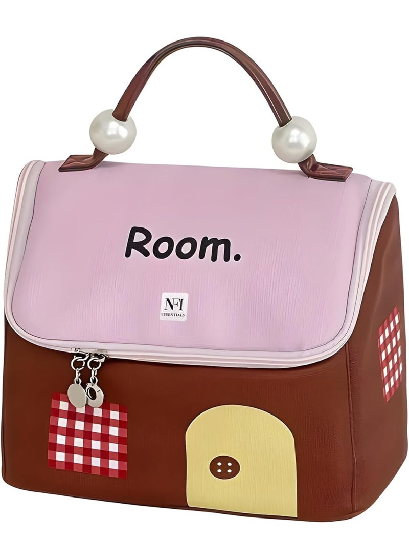 حقيبة مكياج متعددة الأغراض للنساء - حقيبة مستحضرات تجميل على شكل منزل، منظم سفر للمكياج والإكسسوارات وأدوات النظافة، حقيبة تخزين متينة وخفيفة الوزن للفتيات - Image 1