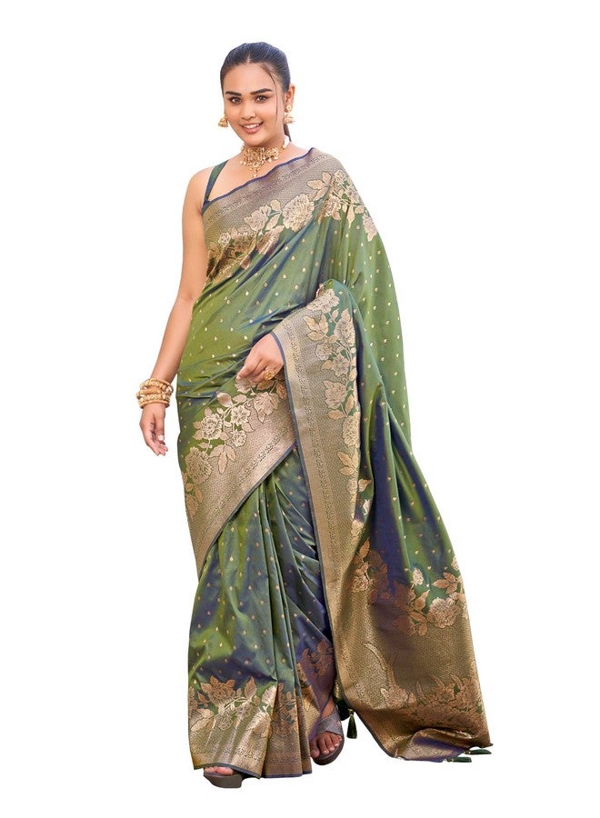 MANOHARI Womens Most Trendy Banarasi Woven Mehendi Green Saree With Heavy Jacquard Work Saree With Blouse Piece - Image 1