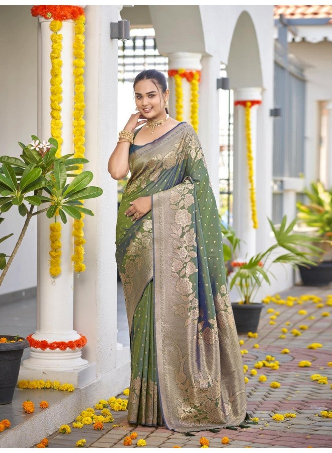 MANOHARI Womens Most Trendy Banarasi Woven Mehendi Green Saree With Heavy Jacquard Work Saree With Blouse Piece - Image 2