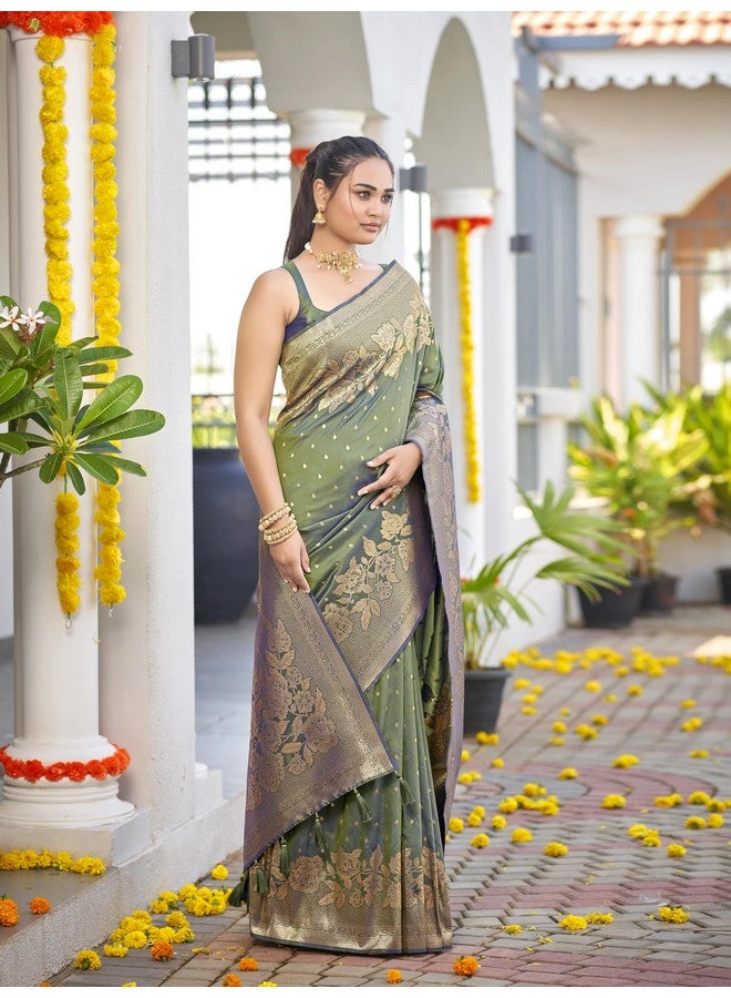 MANOHARI Womens Most Trendy Banarasi Woven Mehendi Green Saree With Heavy Jacquard Work Saree With Blouse Piece - Image 5