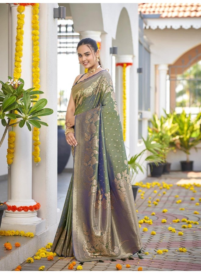 MANOHARI Womens Most Trendy Banarasi Woven Mehendi Green Saree With Heavy Jacquard Work Saree With Blouse Piece - Image 3
