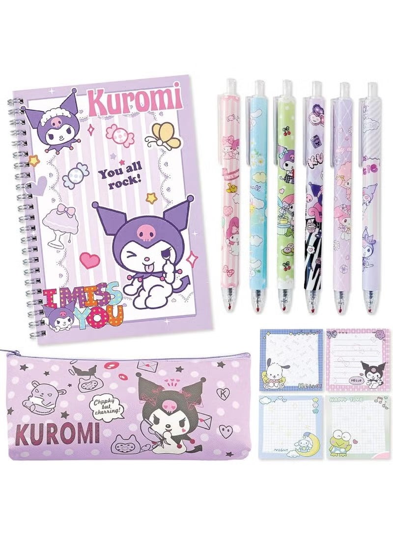 Sanrio Cute Kuromi Anime School Supplies Set, Kawaii Stationery Set for Girls, Purple Rollerball Pens, Pencil Case, Notebook, Sticky Notes - Image 1