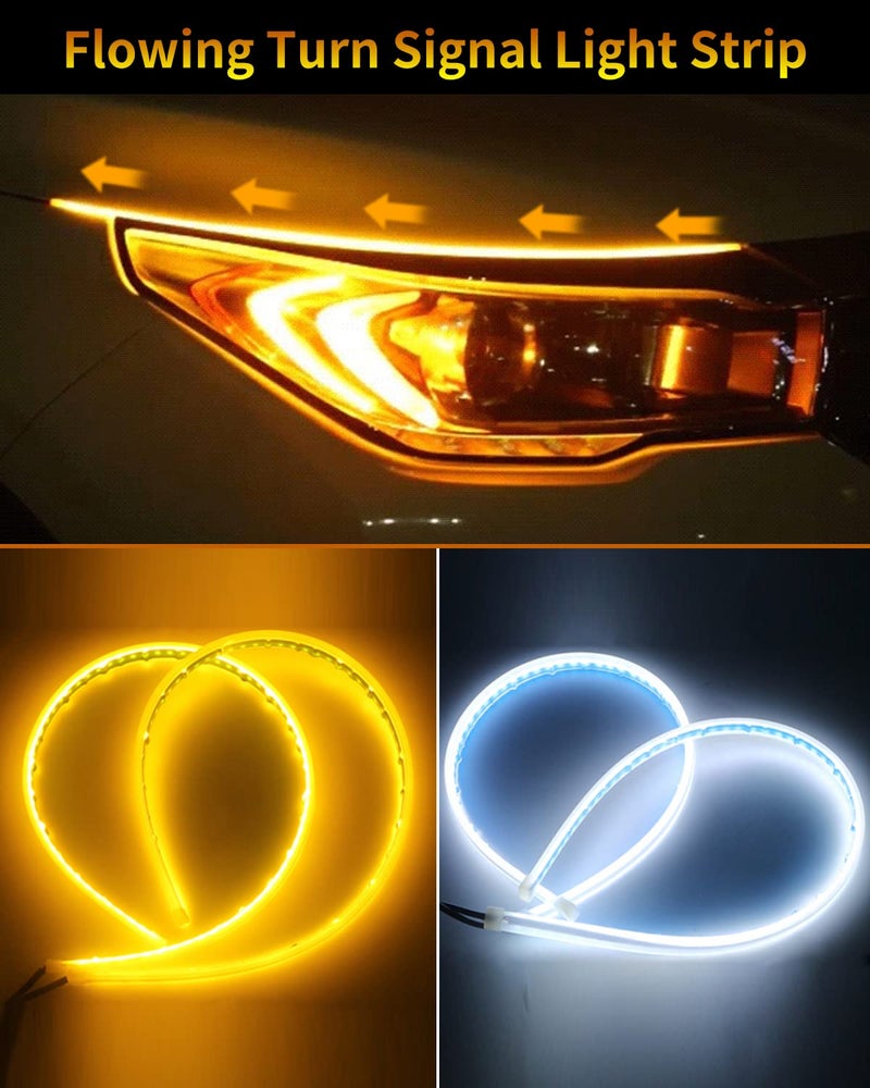 YM EBright أضواء شريط LED EverBright للسيارات، SUV، دراجات نارية، أضواء تشغيل نهارية، لمبة إشارة الانعطاف DRL، شريط LED متتابع، أصفر/ذهبي وأبيض (2 قطعة 60 سم/24 بوصة) - Image 2