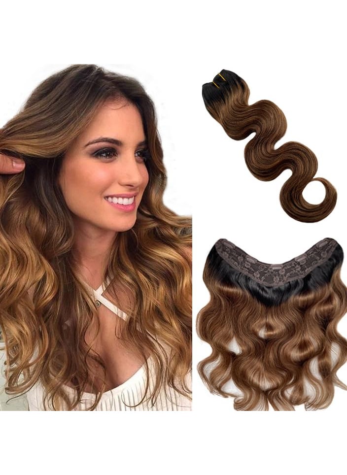 Smartinnov - Ombre Brown Clip in Hair Extensions 20 One Piece Clip on Hair for Women Curly Wavy 34 Full Head Invisible Hair Extension Real Human Hair Black to Caramel Brown Ombre Clip in Hair Extension 100G - Image 1