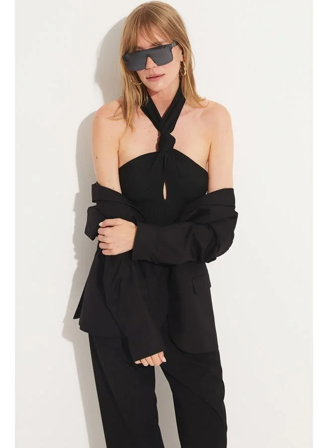 JUNE June Knitted Tie Detailed Tank Top Black